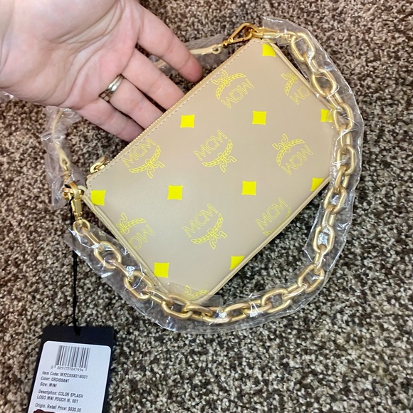 NWT! MCM Croissant Yellow Mini Color Splash Logo Leather Shoulder Bag - Picture 6 of 16